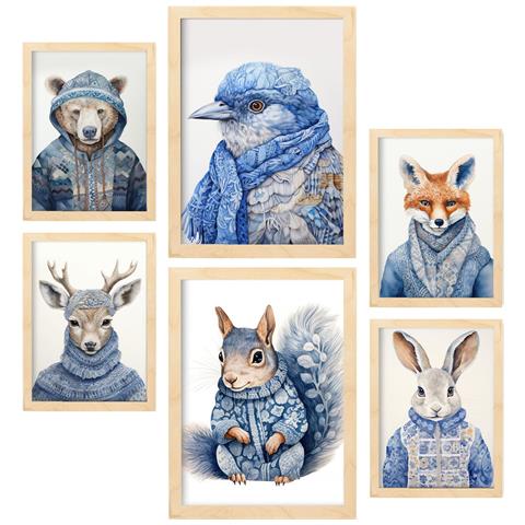 Set Di 6 Stampe Animali In Abiti Invernali All'asilo Dipinti Decorativi Estetici Per Il Tuo Soggiorno A Casa A3 & A4 Telaio In Legno Chiaro - Foto 1