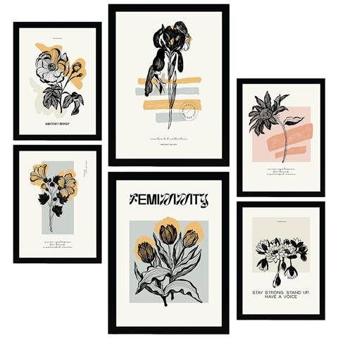 Set Di 6 Stampe Stampe Artistiche Floreali In Inchiostro Nero In Stile Schizzo Per L'interior Design A3 & A4 Cornice Nera - Foto 1