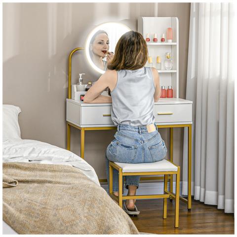 Toeletta Tavolo Trucco con Specchio Illuminato a LED e Sgabello, Cassetti e Ripiani, Bianco - Foto 2