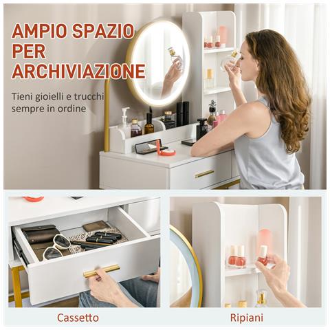 Toeletta Tavolo Trucco con Specchio Illuminato a LED e Sgabello, Cassetti e Ripiani, Bianco - Foto 6