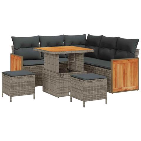 Set di divani da giardino 8 pezzi grigio rattan sintetico acacia, Divano da giardino per 2 persone con cuscini grigio rattan sintetico, Set da pranzo da giardino 3 pezzi grigio rattan sintetico acacia - Foto 1