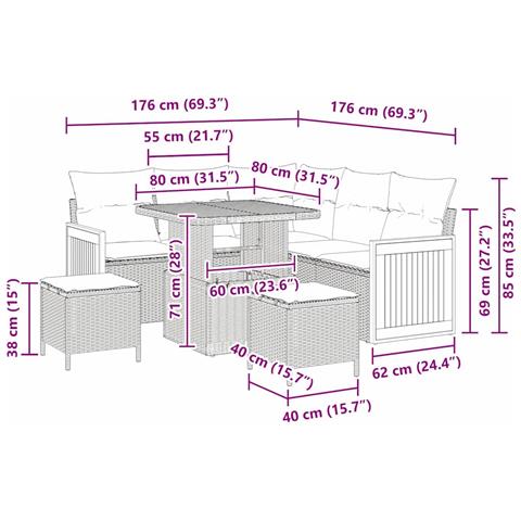 Set di divani da giardino 8 pezzi grigio rattan sintetico acacia, Divano da giardino per 2 persone con cuscini grigio rattan sintetico, Set da pranzo da giardino 3 pezzi grigio rattan sintetico acacia - Foto 9