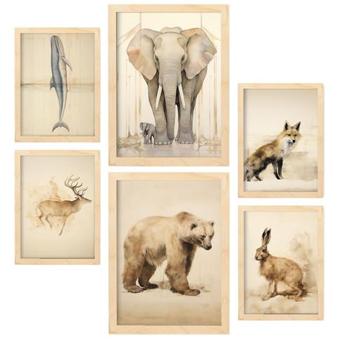 Set Di 6 Stampe Animali Vintage In Nursery Dipinti Decorativi Estetici Per Il Tuo Soggiorno, Camera Da Letto, Casa A3 & A4 Telaio In Legno Chiaro - Foto 1