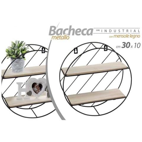 Trade Shop - Bacheca In Metallo Tonda Parete Porta Oggetti Mensole Legno 30x10cm Nero 832154 - Foto 1