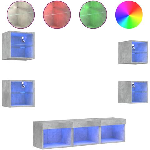 Mobili TV a Muro con LED 7pz Grigio Cemento Legno Multistrato - Foto 1