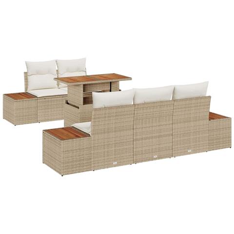 Set da pranzo da giardino 6 pezzi con cuscini Beige Polirattan Acacia - Foto 1
