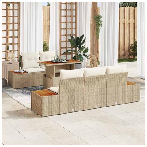Set da pranzo da giardino 6 pezzi con cuscini Beige Polirattan Acacia - Foto 2