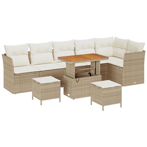 Set di Divani da Giardino 9 Pezzi  con Cuscini Beige in Rattan Sintetico e Acacia, Set da Pranzo 3 Pezzi  con Cuscini Beige in Rattan Sintetico e Acacia - Foto 1