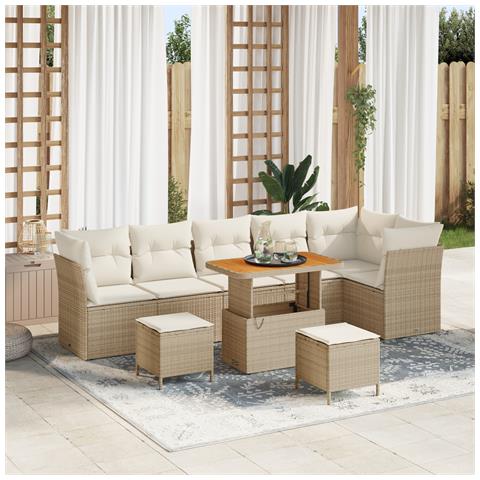 Set di Divani da Giardino 9 Pezzi  con Cuscini Beige in Rattan Sintetico e Acacia, Set da Pranzo 3 Pezzi  con Cuscini Beige in Rattan Sintetico e Acacia - Foto 2