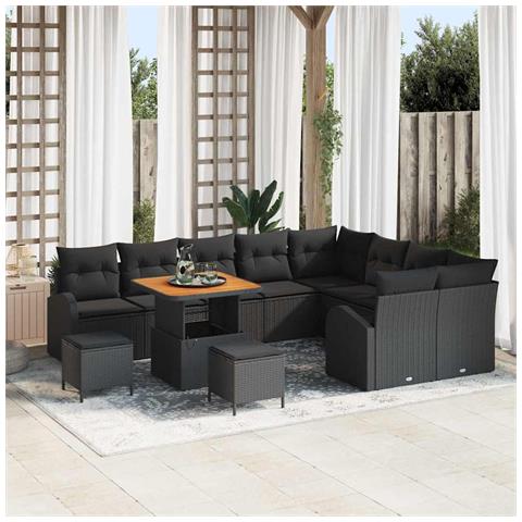 Set di Sofà da Giardino in 12 Pezzi con Cuscini Nero Polyrattan Acacia, Set di Pranzo da Giardino in 3 Pezzi con Cuscini Nero Polyrattan Acacia, Sofa da Giardino da Due Persone con Cuscini Nero Polyrattan - Foto 2
