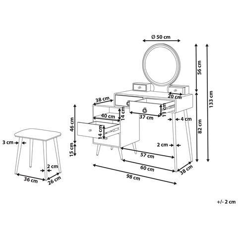 Tavolino Da Toeletta 6 Cassetti Con Specchio Led E Sgabello Bianco E Oro Yves - Foto 3