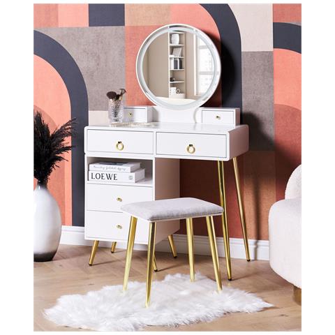 Tavolino Da Toeletta 6 Cassetti Con Specchio Led E Sgabello Bianco E Oro Yves - Foto 1