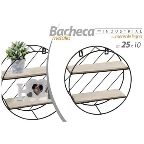 Trade Shop - Bacheca In Metallo Rotonda Da Parete Con Mensole In Legno 25 X 10 Cm Nero 832161 - Foto 1