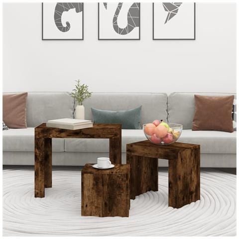 Tavolini Impilabili 3 Pz Rovere Fumo In Legno Multistrato - Foto 2