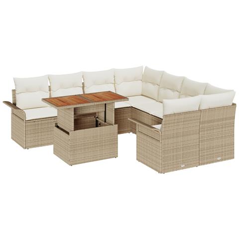 Set di Divani da Giardino  9 Pezzi con Cuscini Beige Polyrattan, Divano da Giardino 2 Posti  con Ripostiglio e Cuscini Beige Polyrattan - Foto 1