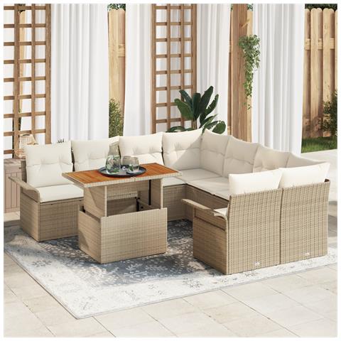 Set di Divani da Giardino  9 Pezzi con Cuscini Beige Polyrattan, Divano da Giardino 2 Posti  con Ripostiglio e Cuscini Beige Polyrattan - Foto 2