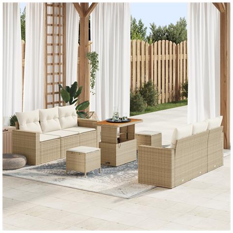 Set di divani da giardino 9 pezzi  con cuscini Beige Rattan Acacia, Set da pranzo da giardino 3 pezzi  con cuscini Beige Rattan Acacia - Foto 2
