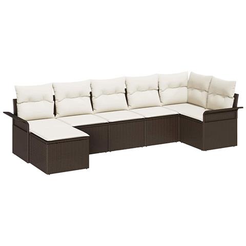 Set divano da giardino a 7 pezzi con cuscini marrone rattan poli - Foto 1