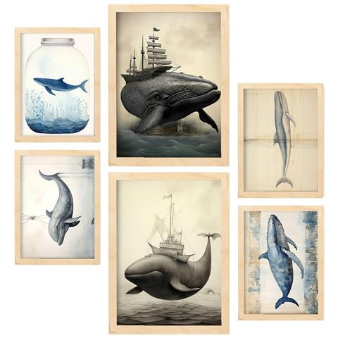 Set Di 6 Stampe Balene Nella Cameretta Dei Bambini: Dipinti Decorativi Estetici Per Il Tuo Soggiorno, Camera Da Letto, Casa A3 & A4 Telaio In Legno Chiaro - Foto 1