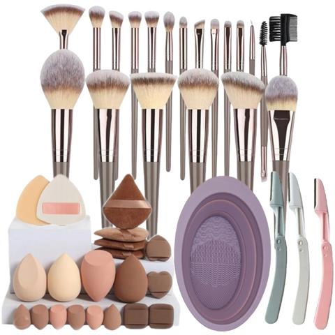 Set Di 20 Pennelli Trucco Con Spugne, Ciotola Per La Pulizia E Rasoi Per Sopracciglia - Kit Di Pennelli Cosmetici Multicolore - Foto 1