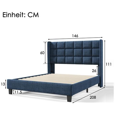 Letto Matrimoniale Con Testiera In Lino Blu E Piedi Neri, Design Classico - Foto 2
