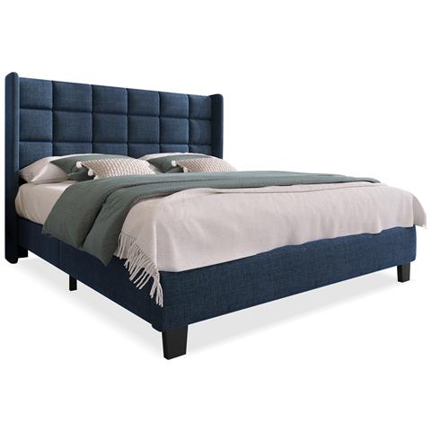 Letto Matrimoniale Con Testiera In Lino Blu E Piedi Neri, Design Classico - Foto 1