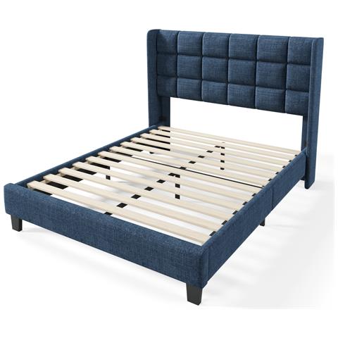Letto Matrimoniale Con Testiera In Lino Blu E Piedi Neri, Design Classico - Foto 3