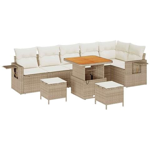 Set di Divani da Giardino  9 Pezzi con Cuscini Beige Rattan Acacia, Set di Mobili da Giardino  3 Pezzi con Cuscini Beige Rattan Acacia - Foto 1