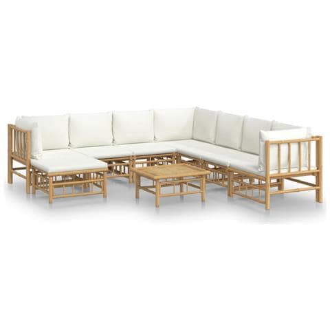 Set Salotto da Giardino 9pz con Cuscini Bianco Crema in Bambù - Foto 1