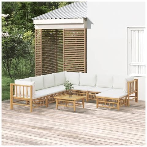 Set Salotto da Giardino 9pz con Cuscini Bianco Crema in Bambù - Foto 2