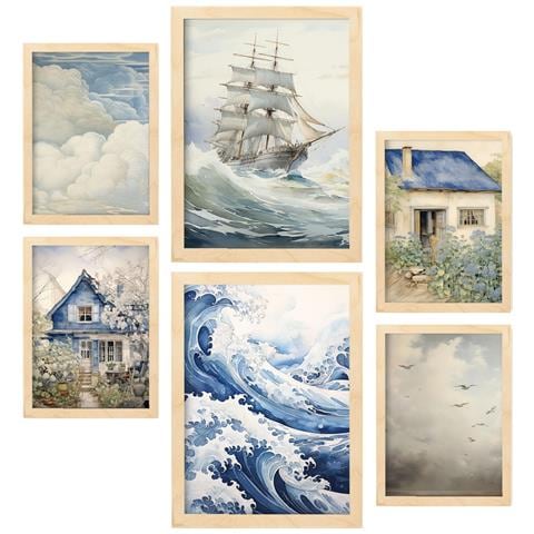 Set Di 6 Stampe Casa Sul Lago Nell'asilo Dipinti Decorativi Estetici Per Il Tuo Soggiorno, Camera Da Letto, Casa A3 & A4 Telaio In Legno Chiaro - Foto 1