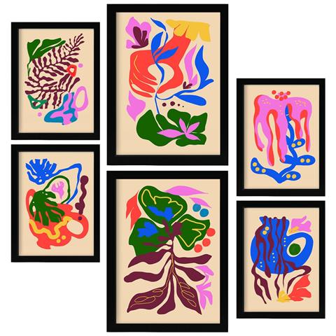 Set Di 6 Stampe Pittoreschi 2 Dipinti Decorativi Astratti Con Fiori Per Il Tuo Soggiorno, Camera Da Letto E Casa A3 & A4 Cornice Nera - Foto 1