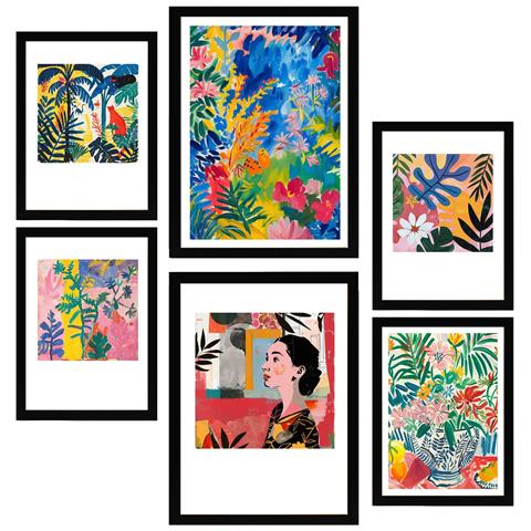 Set Di 6 Stampe Dipinto Decorativo Floreale E Sorprendente Matisse Incorniciato Con Illustrazioni Di Design Per La Decorazione Della Parete A3 & A4 Cornice Nera - Foto 1