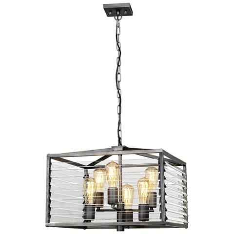 Lampadario Industrial Nordico Louvre Acciaio Ccanna Di Fucile Vetro 6 Luci E27 - Foto 1