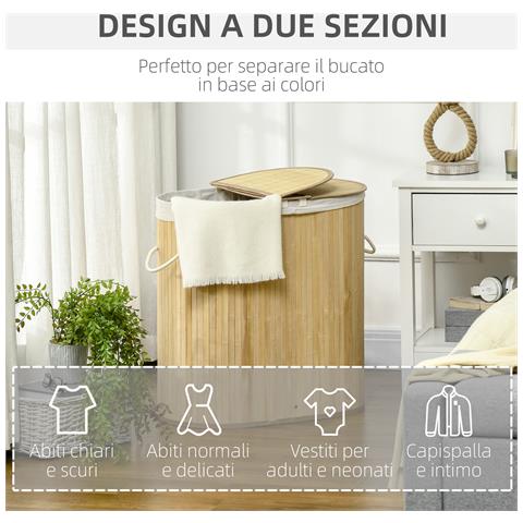 Cesto Portabiancheria A 2 Sezioni, 2 Coperchi E Capacità 100l Con Sacca Interna Removibile, 62.5x37x60.5 Cm - Foto 2