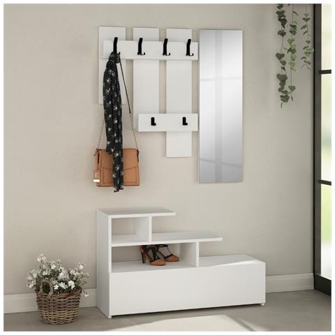 Mobile Da Ingresso Bianco Con Appendiabiti, Contenitore E Specchio Mesty - Foto 1