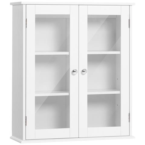 Armadietto Pensile Bagno a 2 Ante in Legno e Vetro con Ripiano Regolabile, 55x20x65 cm, Bianco - Foto 1