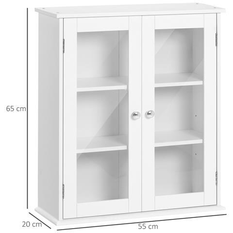 Armadietto Pensile Bagno a 2 Ante in Legno e Vetro con Ripiano Regolabile, 55x20x65 cm, Bianco - Foto 6