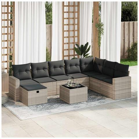 Set Divano da Giardino 9pz con Cuscini Grigio Chiaro Polyrattan - Foto 2