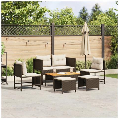 Set Divano Da Esterno Marrone E Panna Rattan, Legno, Tessuto Medio - Foto 2