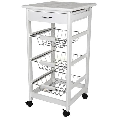Carrello Cucina Legno Con Cassetto 3 Cestelli E Ripiano 9 Mattonelle In Ceramica - Foto 1
