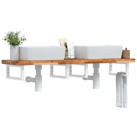 Ripiano a Parete per Lavabo in Acciaio e Massello di Acacia - Foto 2