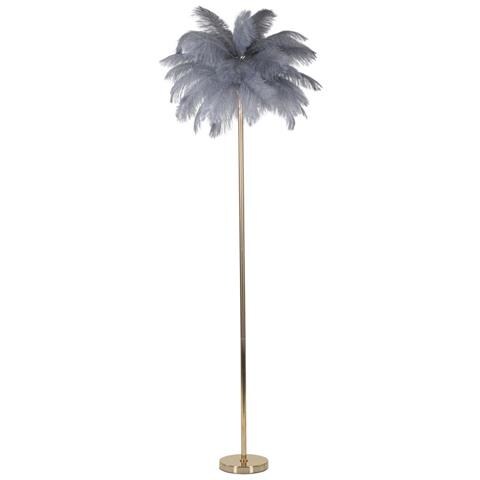 Lampada Da Terra Palm Grigia In Metallo Dorato Con Piume Di Struzzo - Foto 1