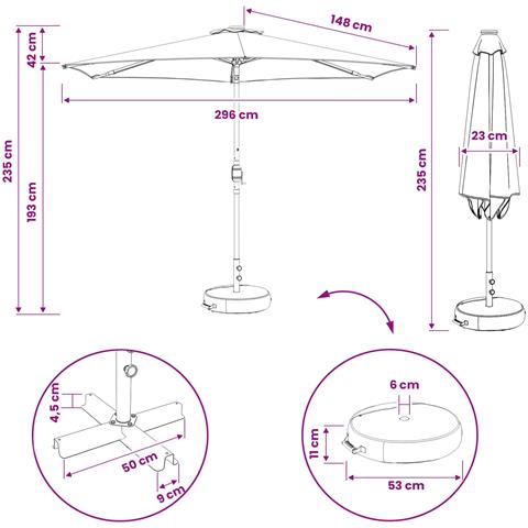 Parasol da Giardino con Luci LED 300 x 300 cm Poliestere Nero - Foto 9