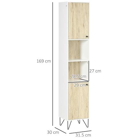 Colonna Bagno con 2 Ripiani Aperti e 2 Armadietti in Truciolato, 30x31.5x169 cm, Bianco e color Legno - Foto 2