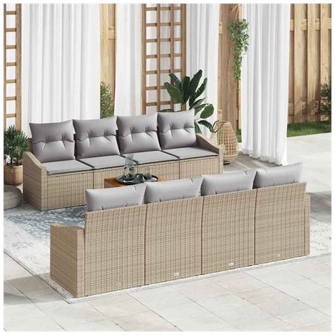 Set di Divani da Giardino da 9 Pezzi con Cuscini Beige in Polyrattan e Acacia - Foto 2