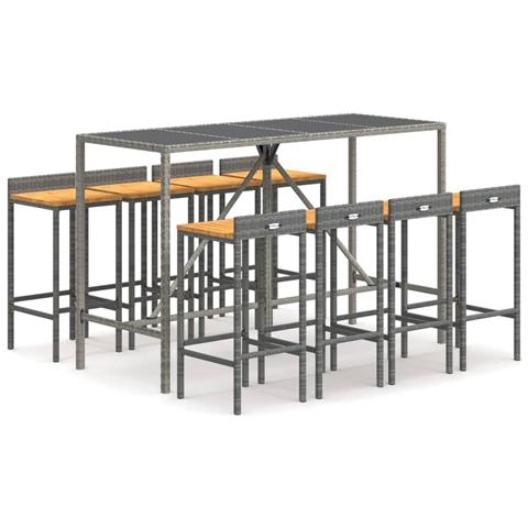 Set Bar Giardino 9pz Grigio Polyrattan e Legno Massello Acacia - Foto 1