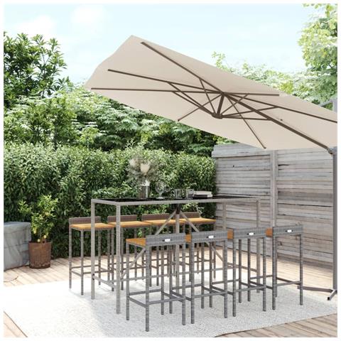 Set Bar Giardino 9pz Grigio Polyrattan e Legno Massello Acacia - Foto 2