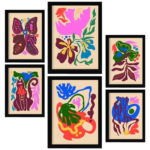 Set Di 6 Stampe Pittoreschi 4 Quadri Decorativi Astratti Con Fiori Per Il Tuo Soggiorno, Camera Da Letto E Casa A3 & A4 Cornice Nera - Foto 1