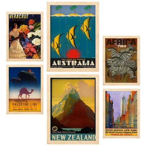 Set Di 6 Stampe Da Nord A Sud Illustrazioni A Colori Di Cartelloni Turistici D'epoca Provenienti Da Tutto Il Mondo A3 & A4 Telaio In Legno Chiaro - Foto 1